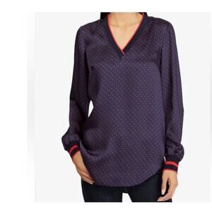 NWT Women's Lauren Ralph Lauen Polka Dot Red Blue Blouse Top Long‎ Sleeve Sz L